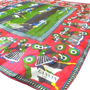 Lanvin Paris Dancing Couples Red and Green Silk Scarf. 32.5"